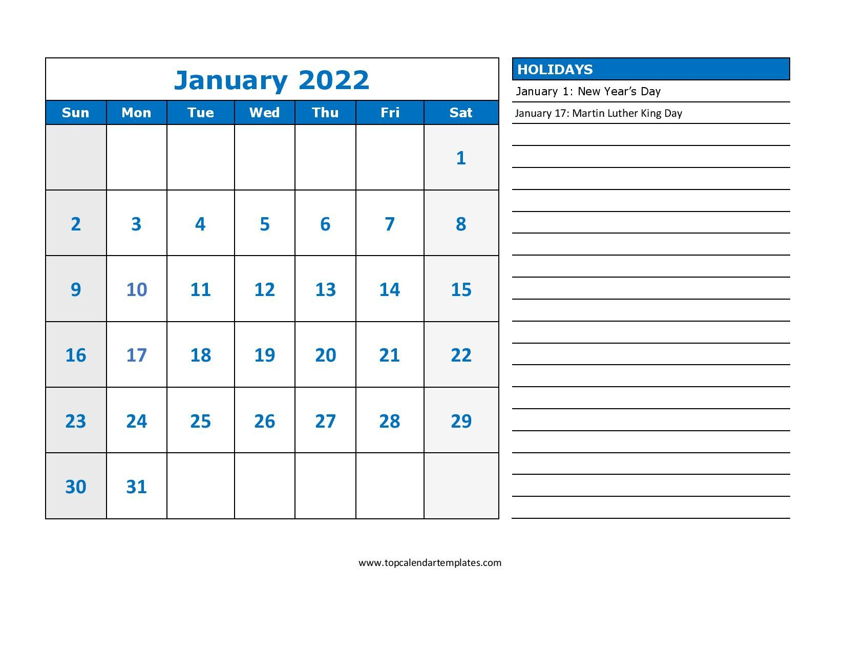 Printable January 2022 Calendar Template (Pdf, Word, Excel)