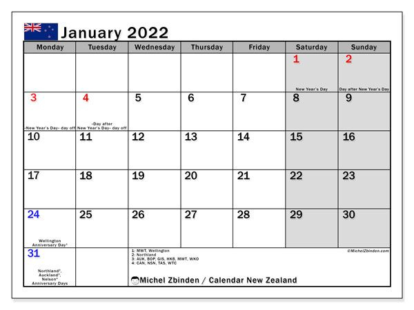 Printable January 2022 &quot;New Zealand&quot; Calendar - Michel