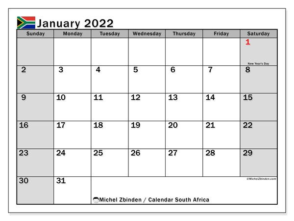Printable January 2022 &quot;South Africa (Ss)&quot; Calendar