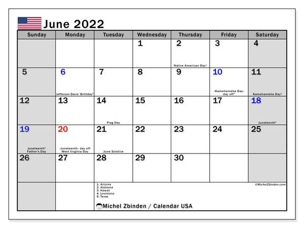 Printable June 2022 &quot;Usa&quot; Calendar - Michel Zbinden En