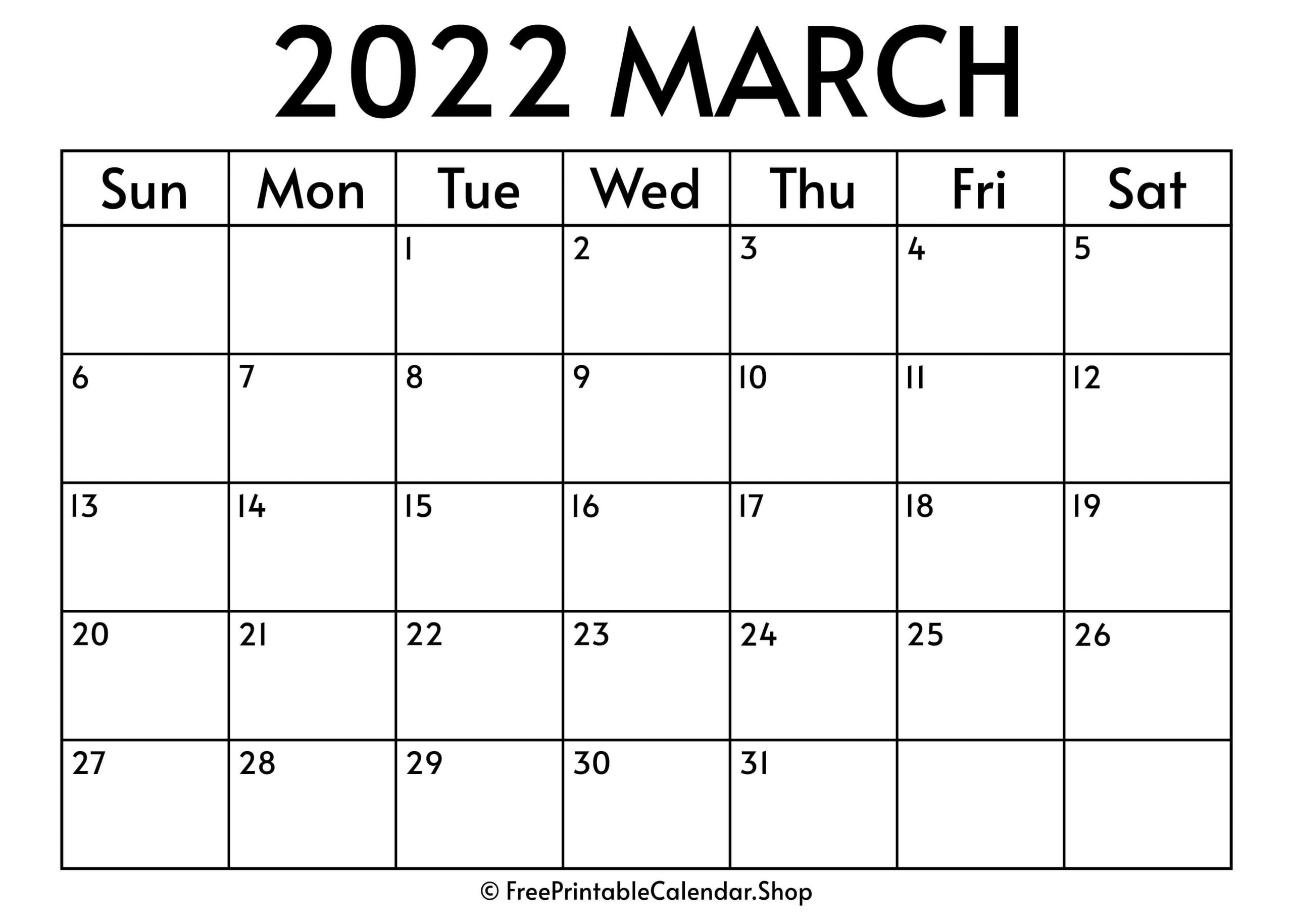 Printable March 2022 Calendar - Pdf &amp; Jpg - Free Shop