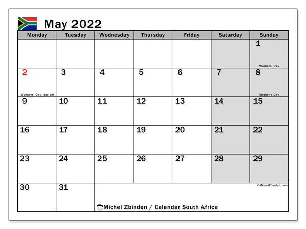 Printable May 2022 &quot;South Africa&quot; Calendar - Michel Zbinden En