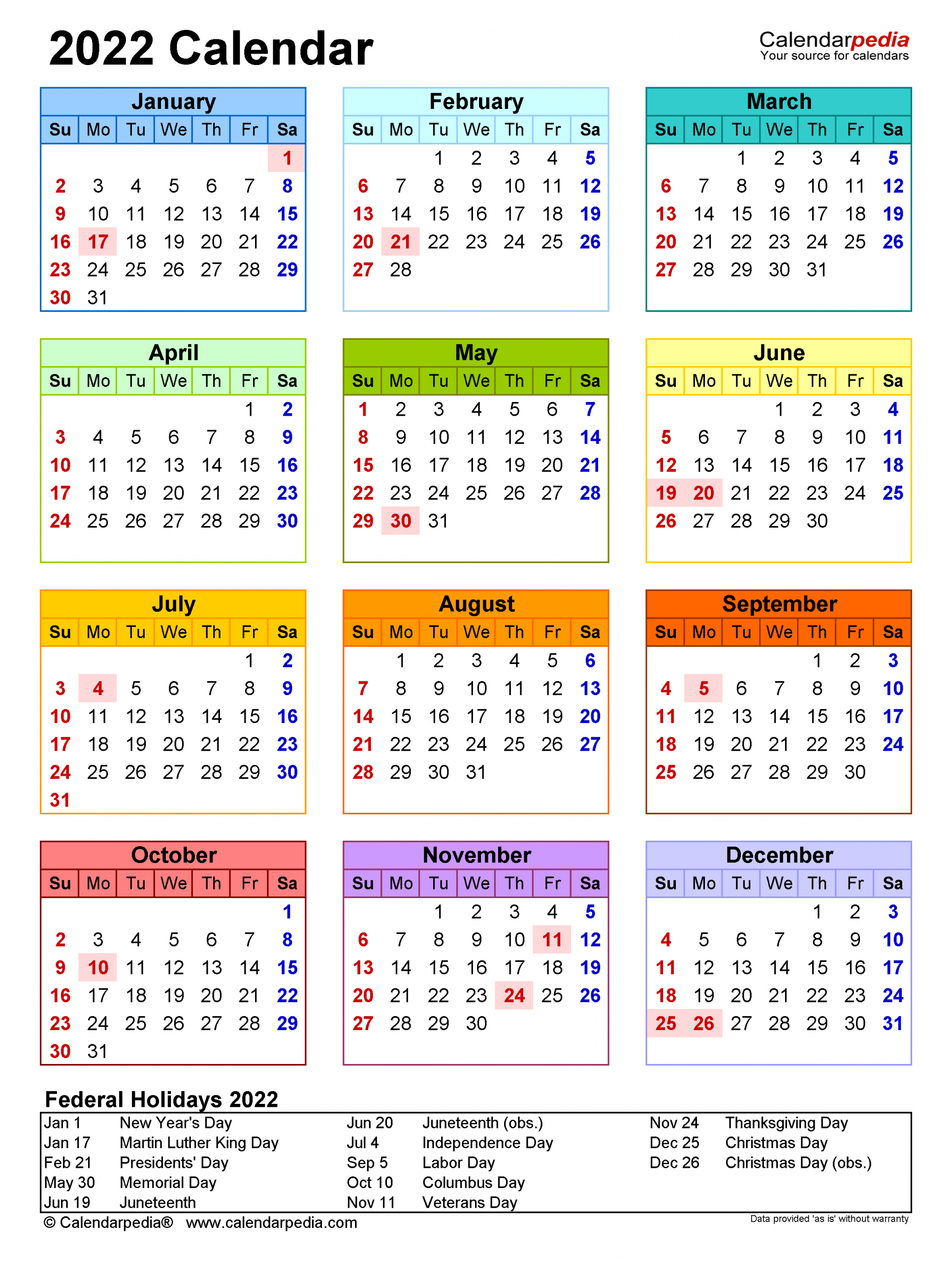 Printable Monthly Calendars For 2022 | Free Letter Templates
