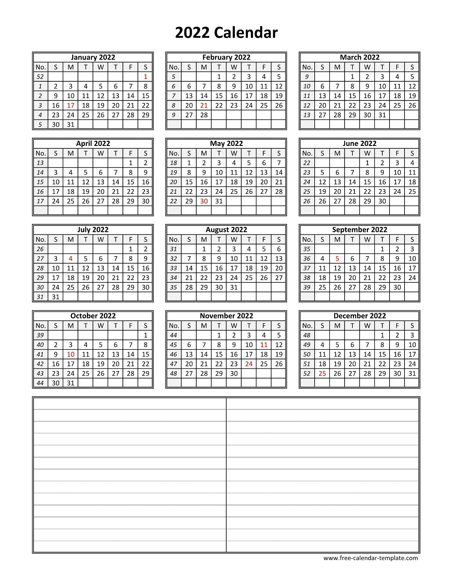 Printable Yearly Calendar 2022 | Free-Calendar-Template