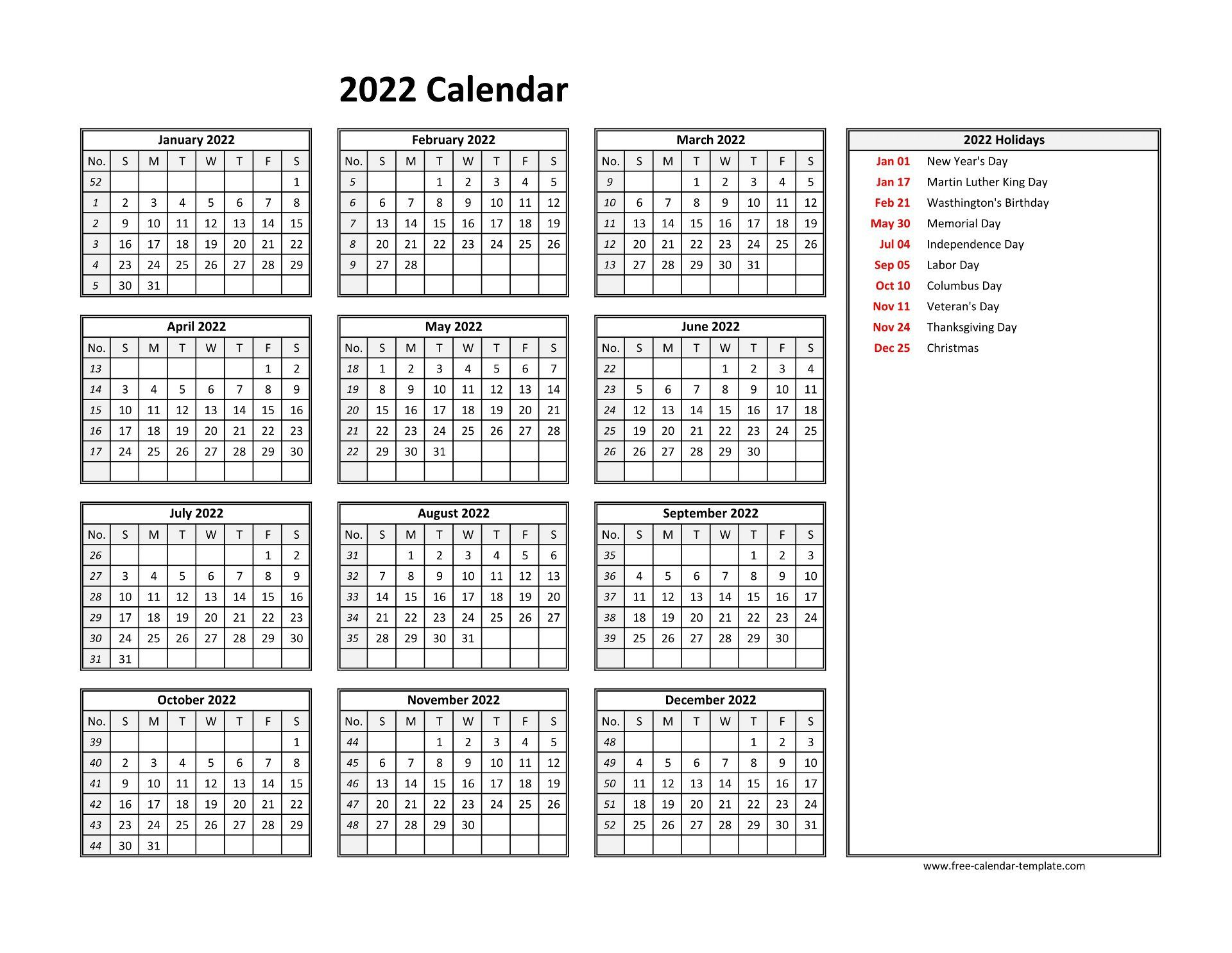 Printable Yearly Calendar 2022 | Free-Calendar-Template