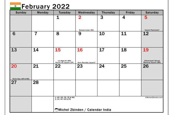 Rajasthan Government Calendar 2022 January