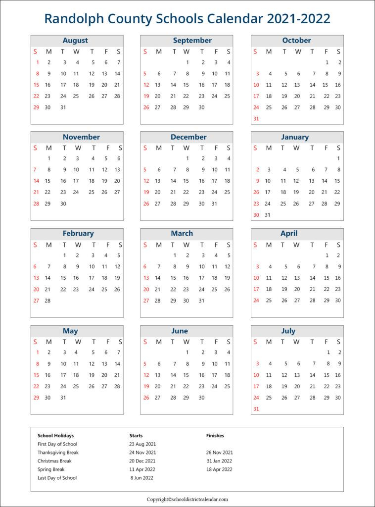 Randolph County Schools Calendar Holidays 2021-2022