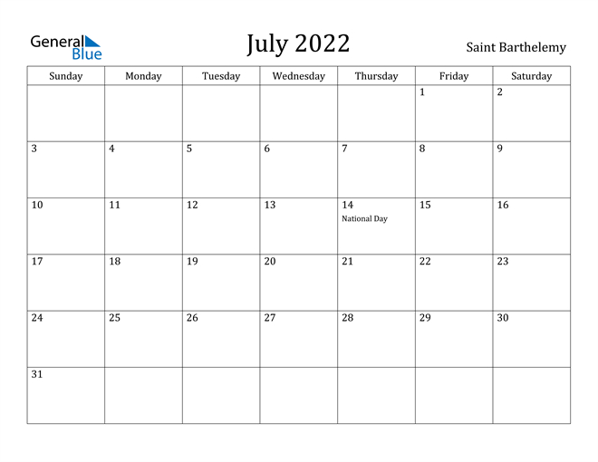 Saint Barthelemy July 2022 Calendar With Holidays