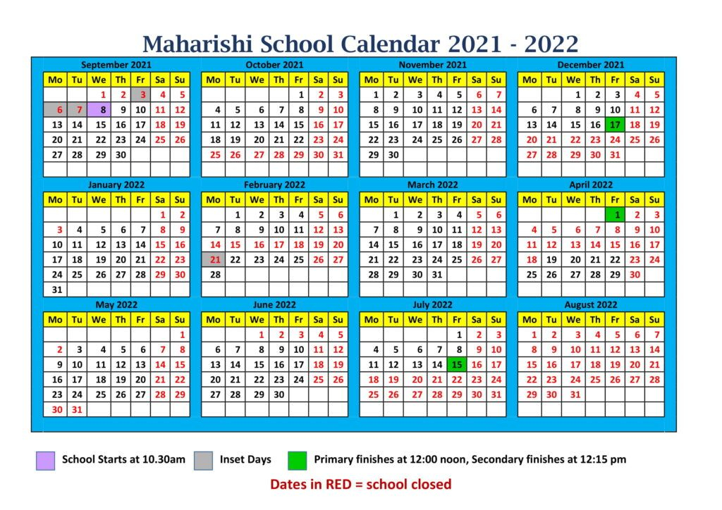 School Calendar 2021-2022 - Maharishi School