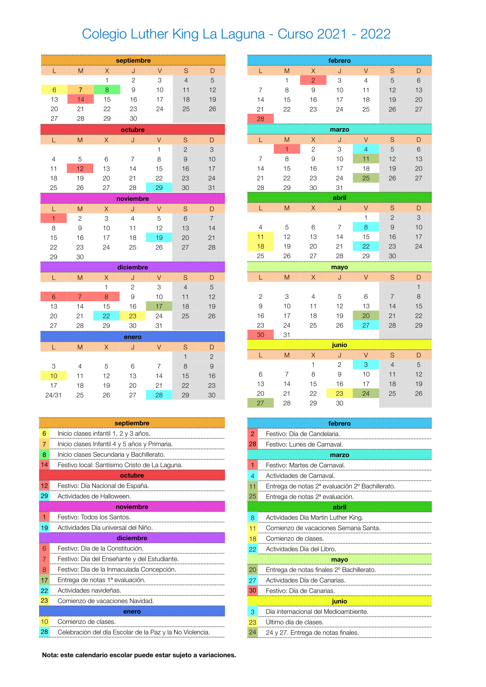 School Calendar Lkl 2021 - 2022 | Luther King