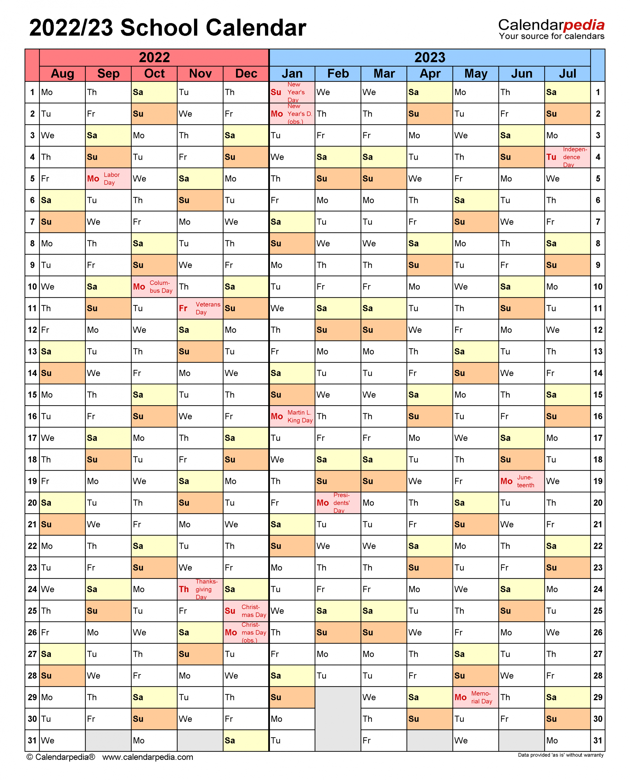 School Calendars 2022/2023 - Free Printable Excel Templates