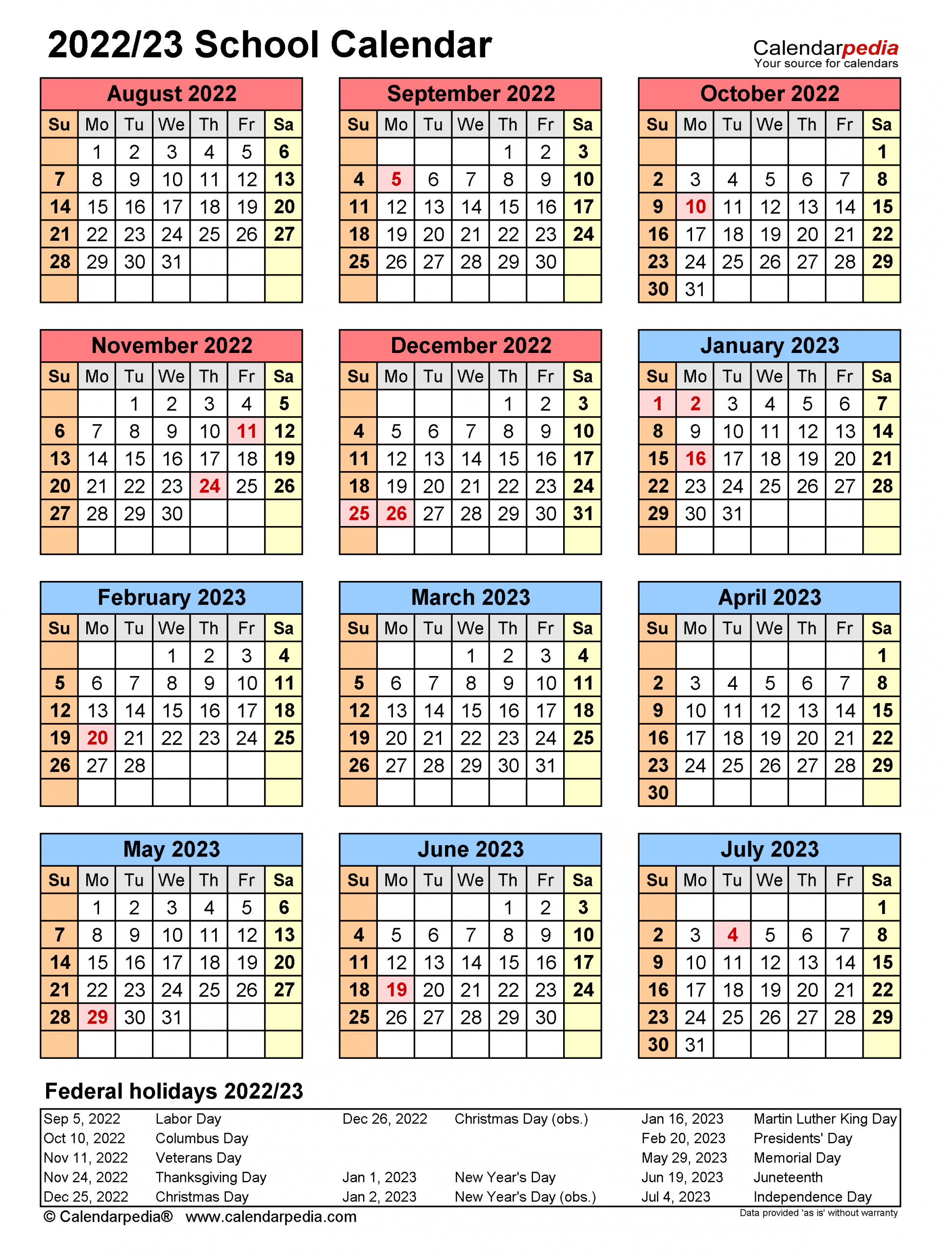 School Calendars 2022/2023 - Free Printable Pdf Templates