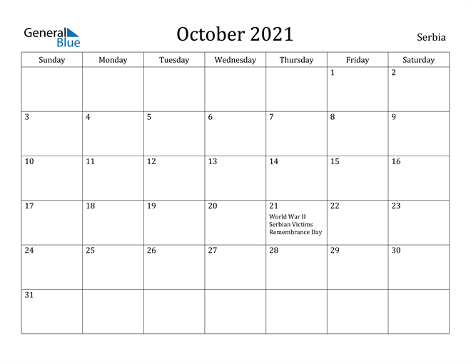 Serbia October 2021 Calendar With Holidays