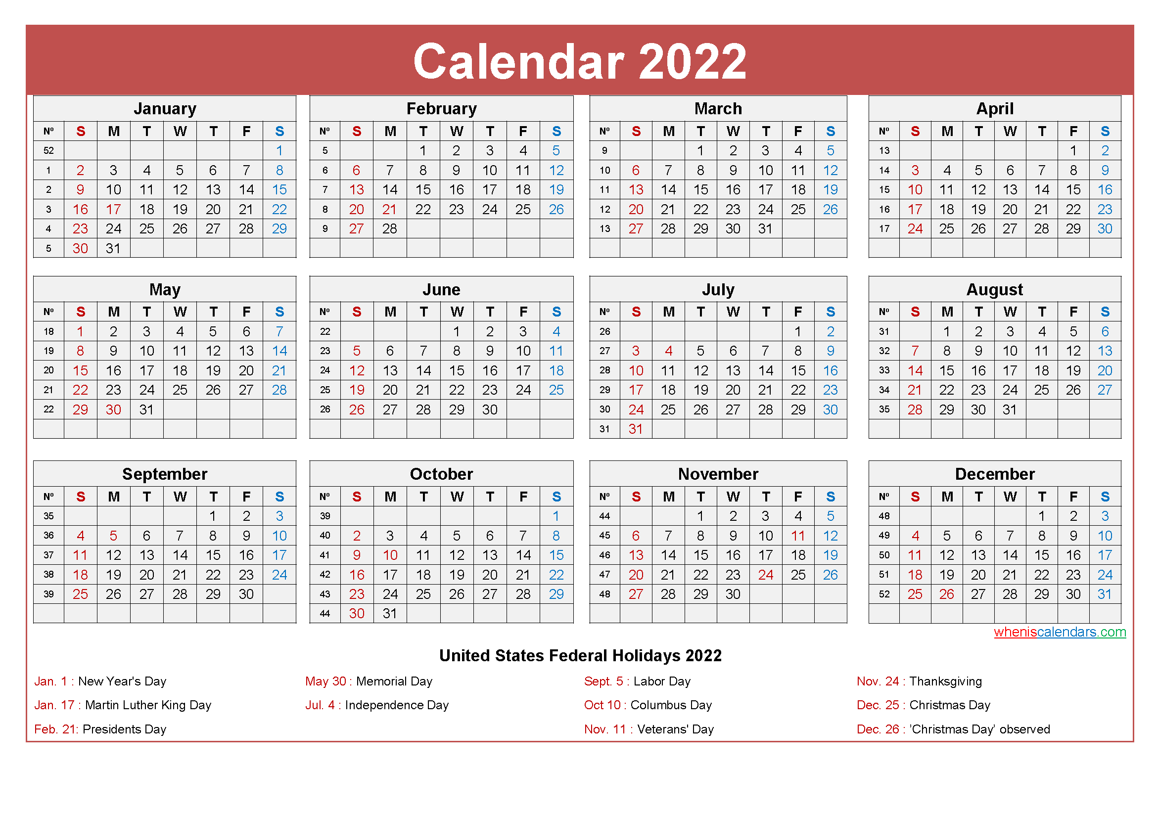 Small Desk Calendar 2022 With Holidays