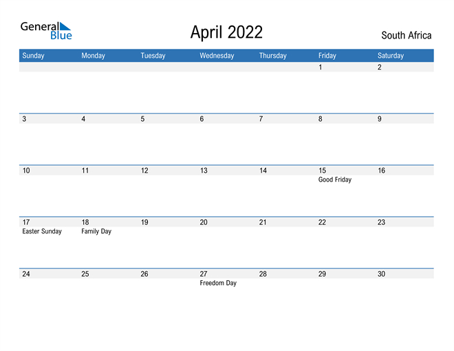 South Africa April 2022 Calendar With Holidays