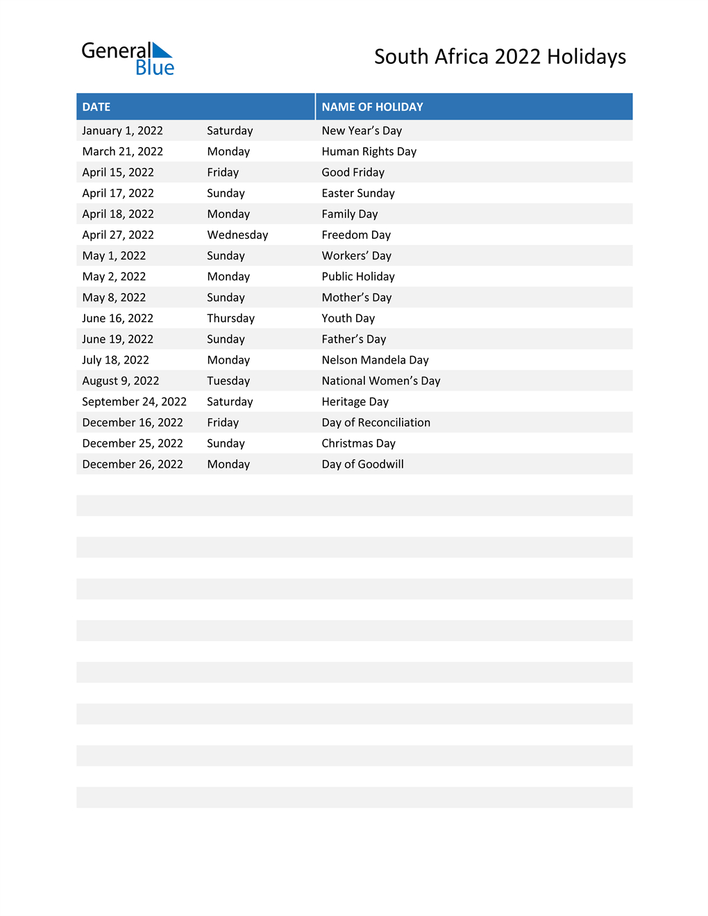 South Africa Holidays 2022 In Pdf, Word And Excel