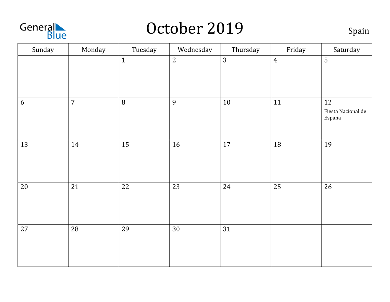 Spain October 2019 Calendar With Holidays