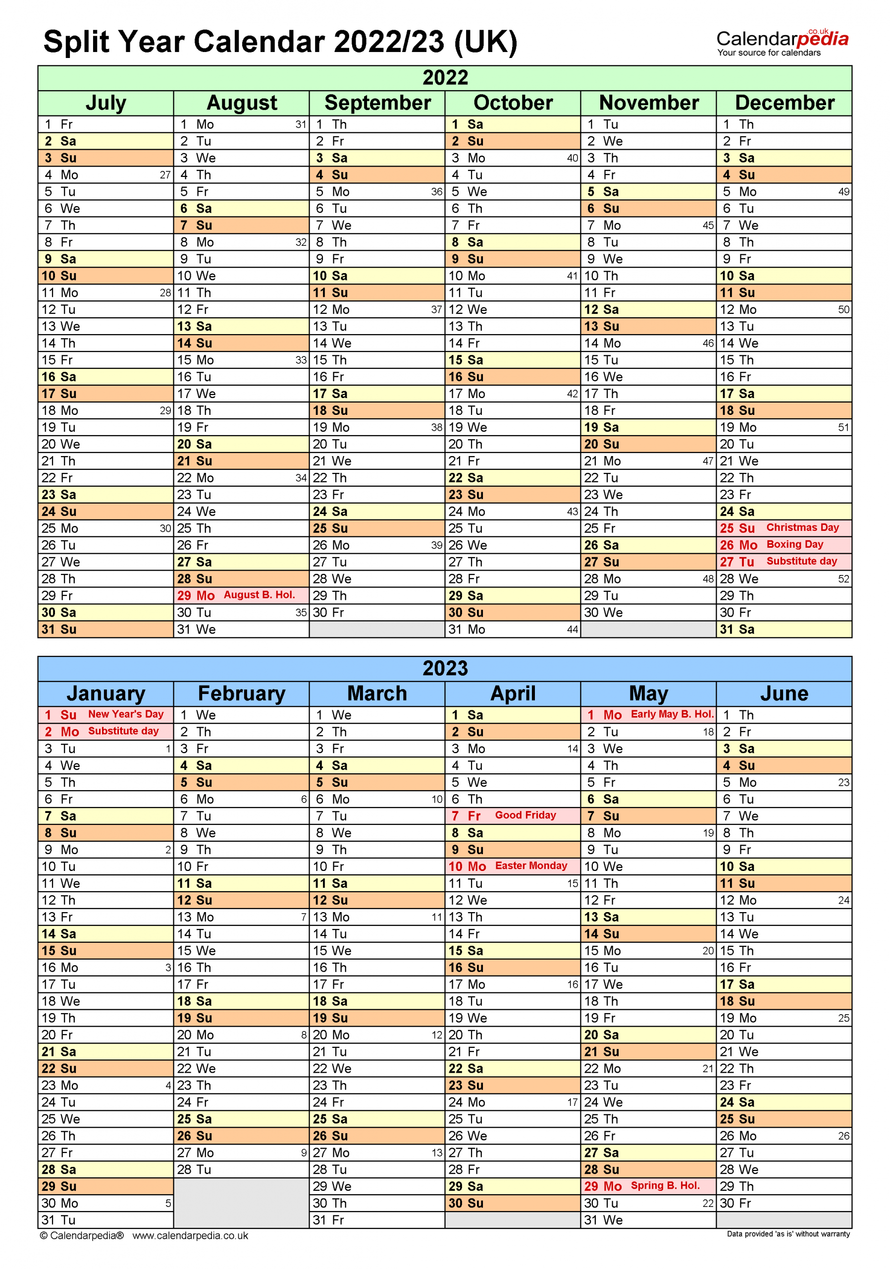 Split Year Calendars 2022/23 Uk (July To June) For Excel