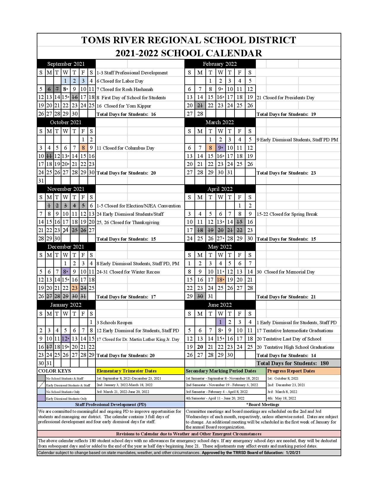 Toms River School District Calendar 2021-2022 In Pdf