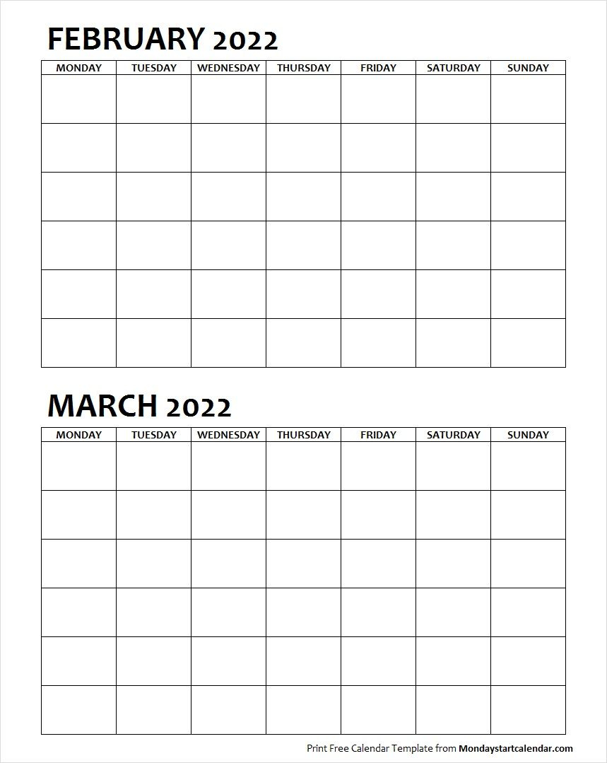 Two Month February March 2022 Calendar Blank | Two Months