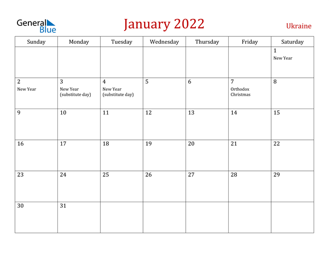 Ukraine January 2022 Calendar With Holidays