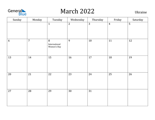 Ukraine March 2022 Calendar With Holidays