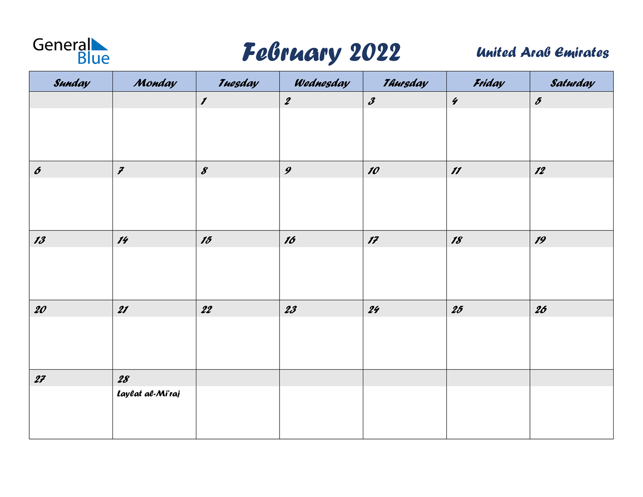 United Arab Emirates February 2022 Calendar With Holidays