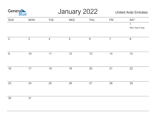 United Arab Emirates January 2022 Calendar With Holidays