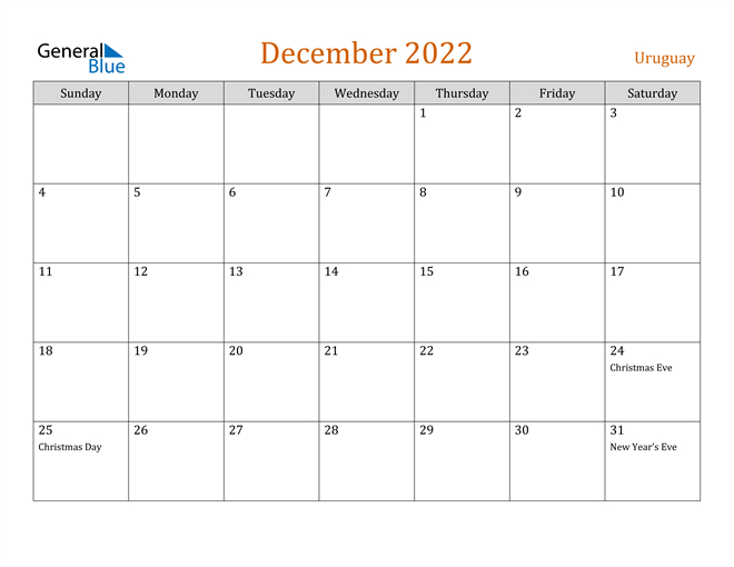 Uruguay December 2022 Calendar With Holidays