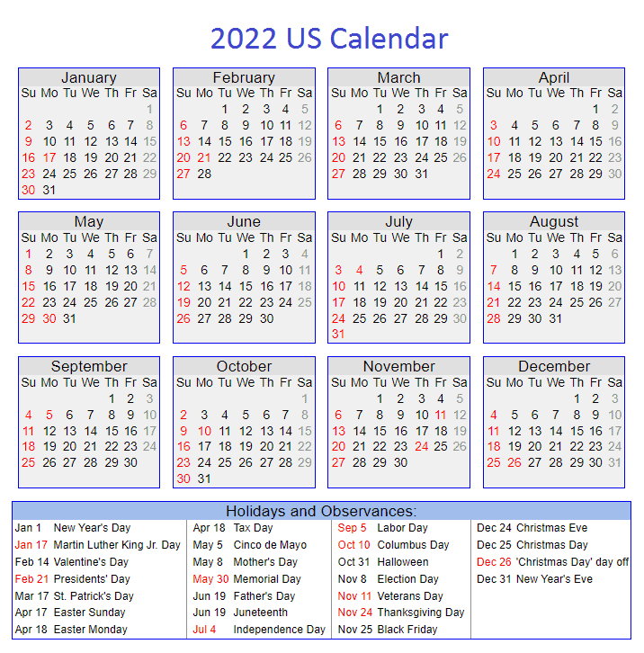 Us 2022 Calendar With Holidays, Festivals | Calendar 2022