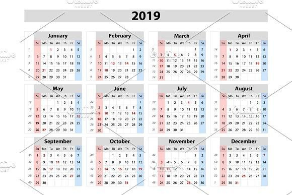 Vector Calendar 2019 Starts Sunday | Calendar Design