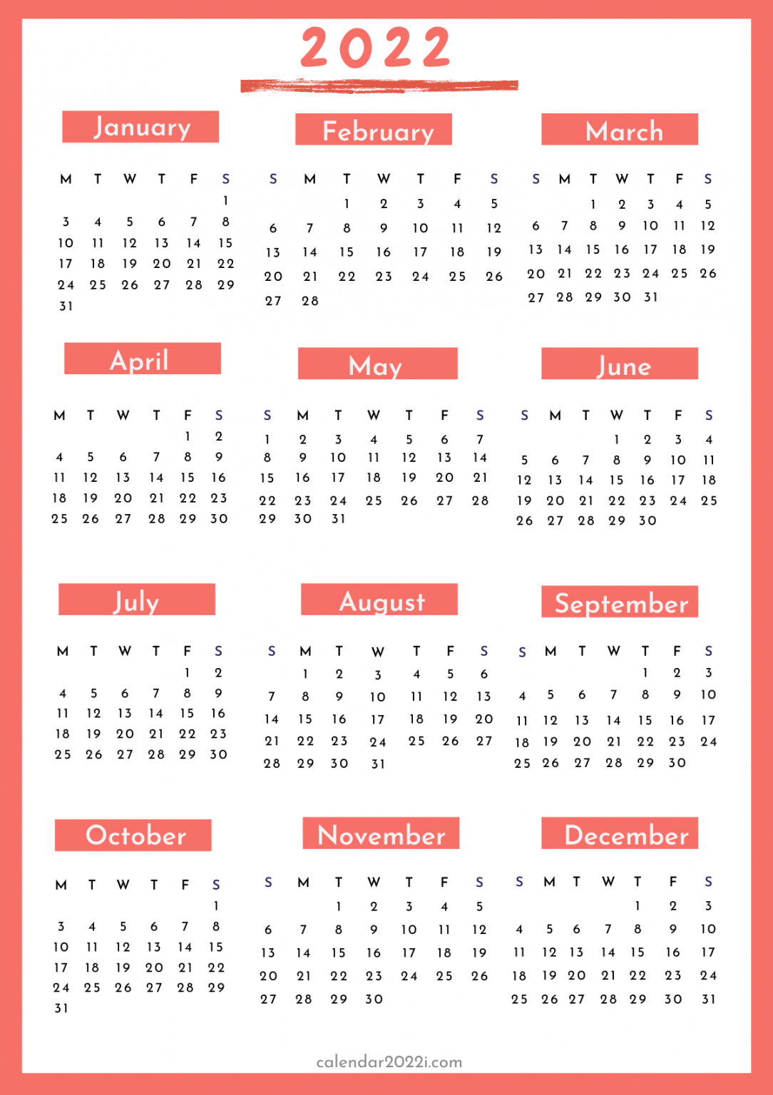 Vertical 2022 Printable Calendar | Calendar 2022