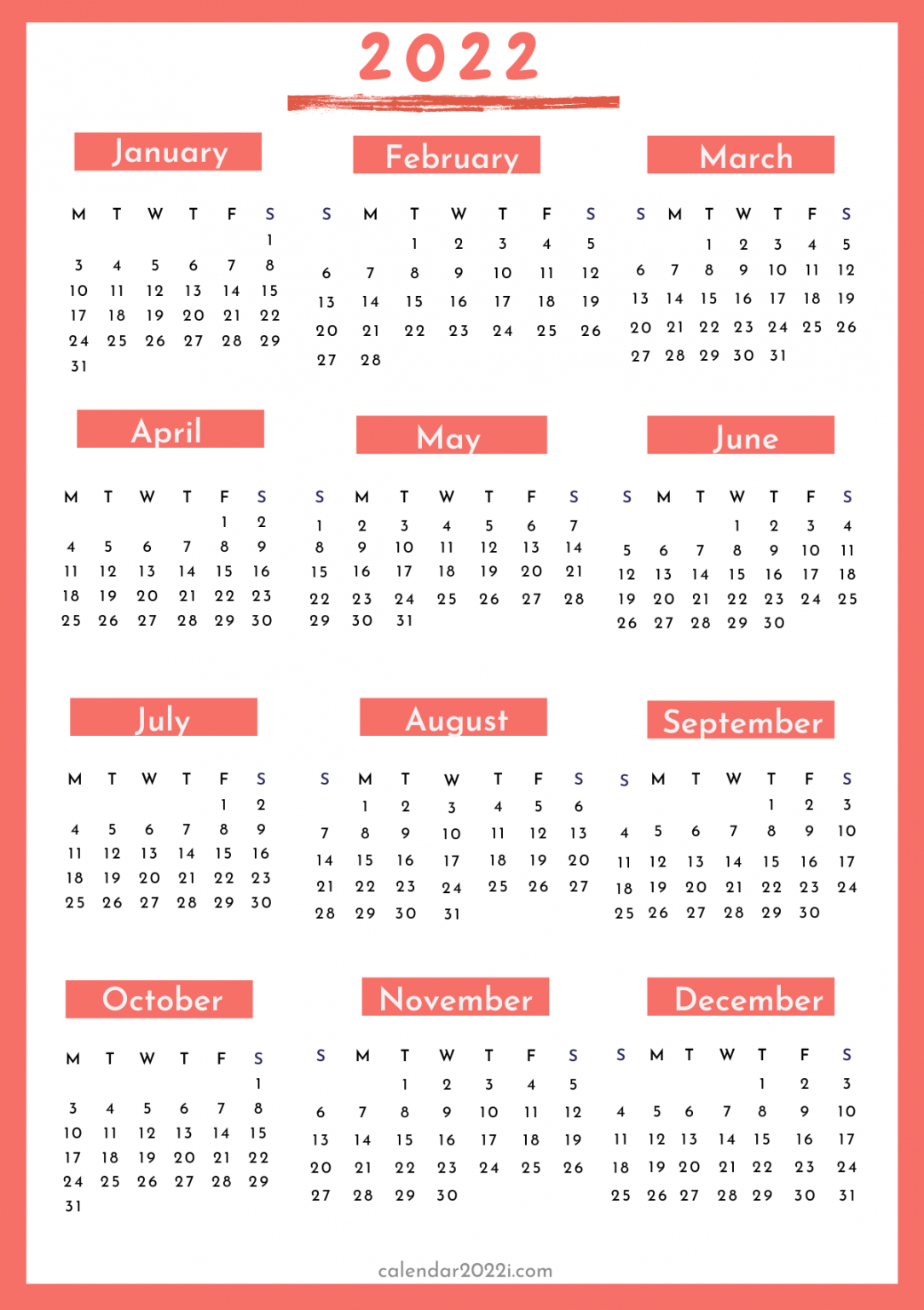 Effective 2022 Vertical Monthly Calendar Printable