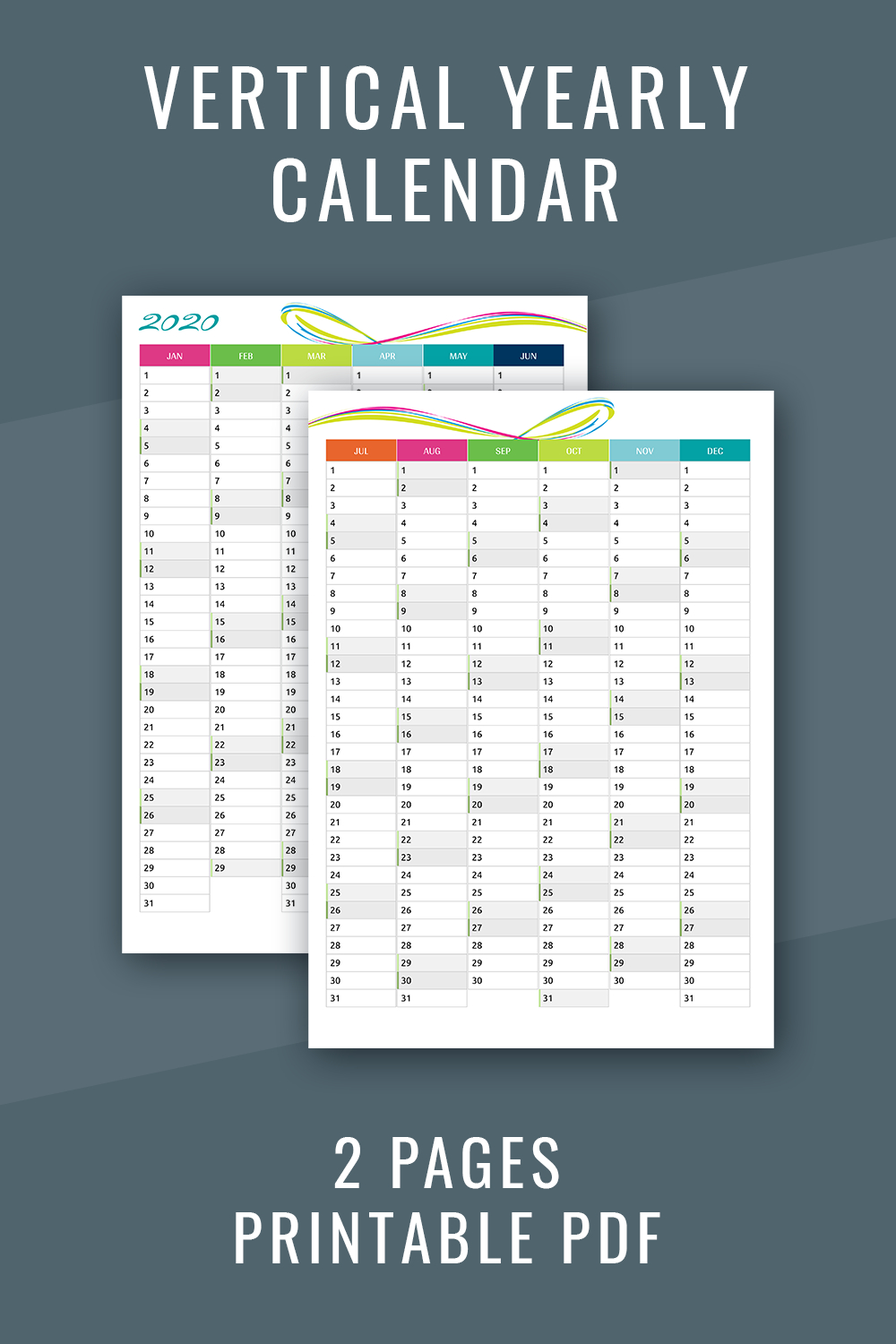 Vertical Yearly Calendar 2019-2020 | Year On Two Pages