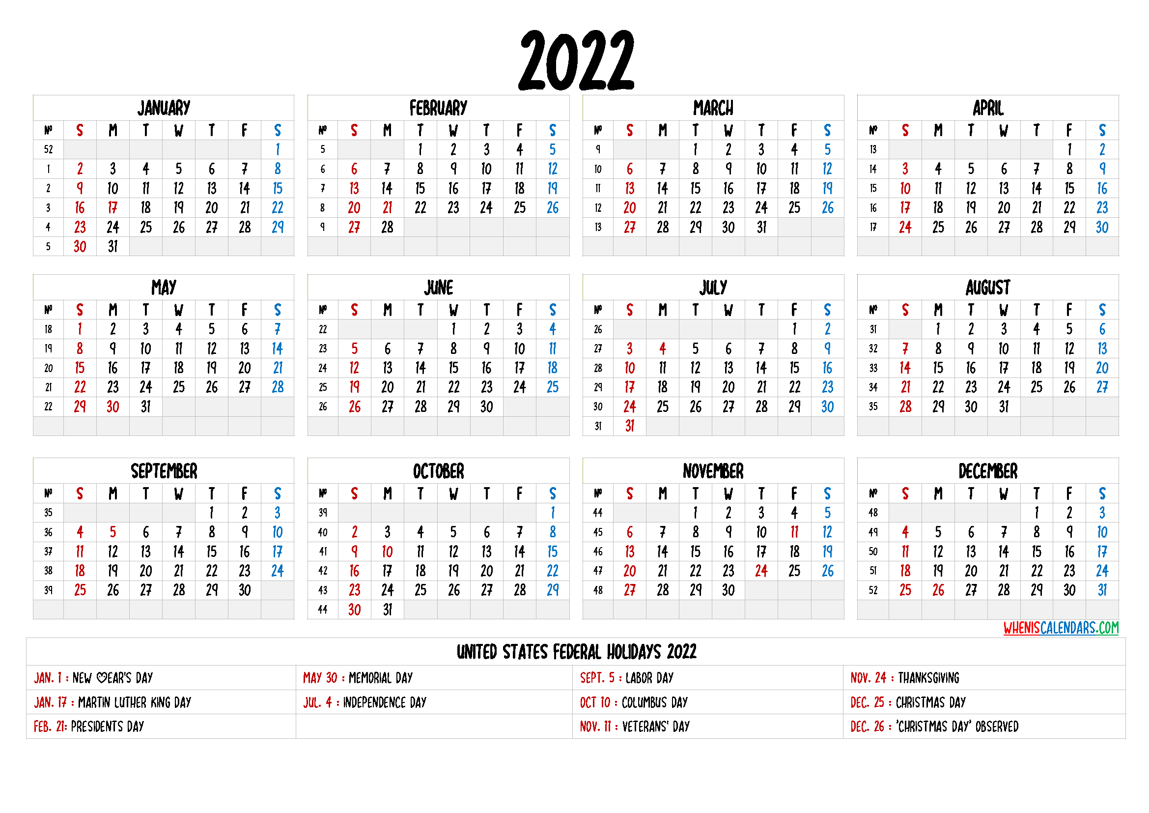 View Free Printable 2022 Yearly Calendar Printable