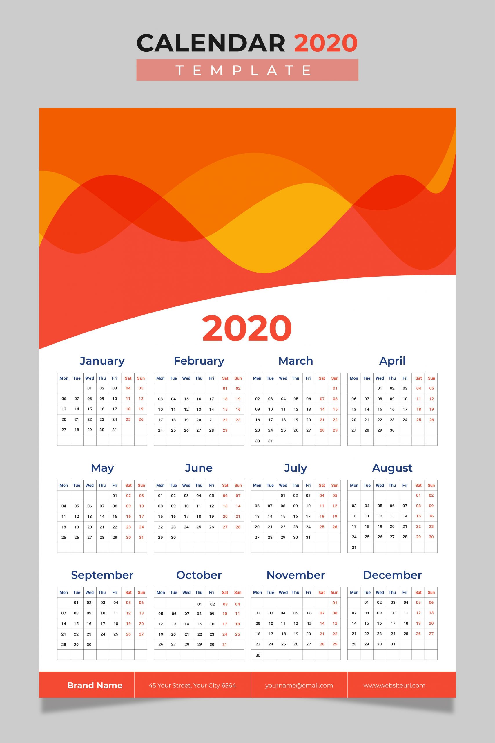 Wall Calendar 2020 | Print Design Template, New Year