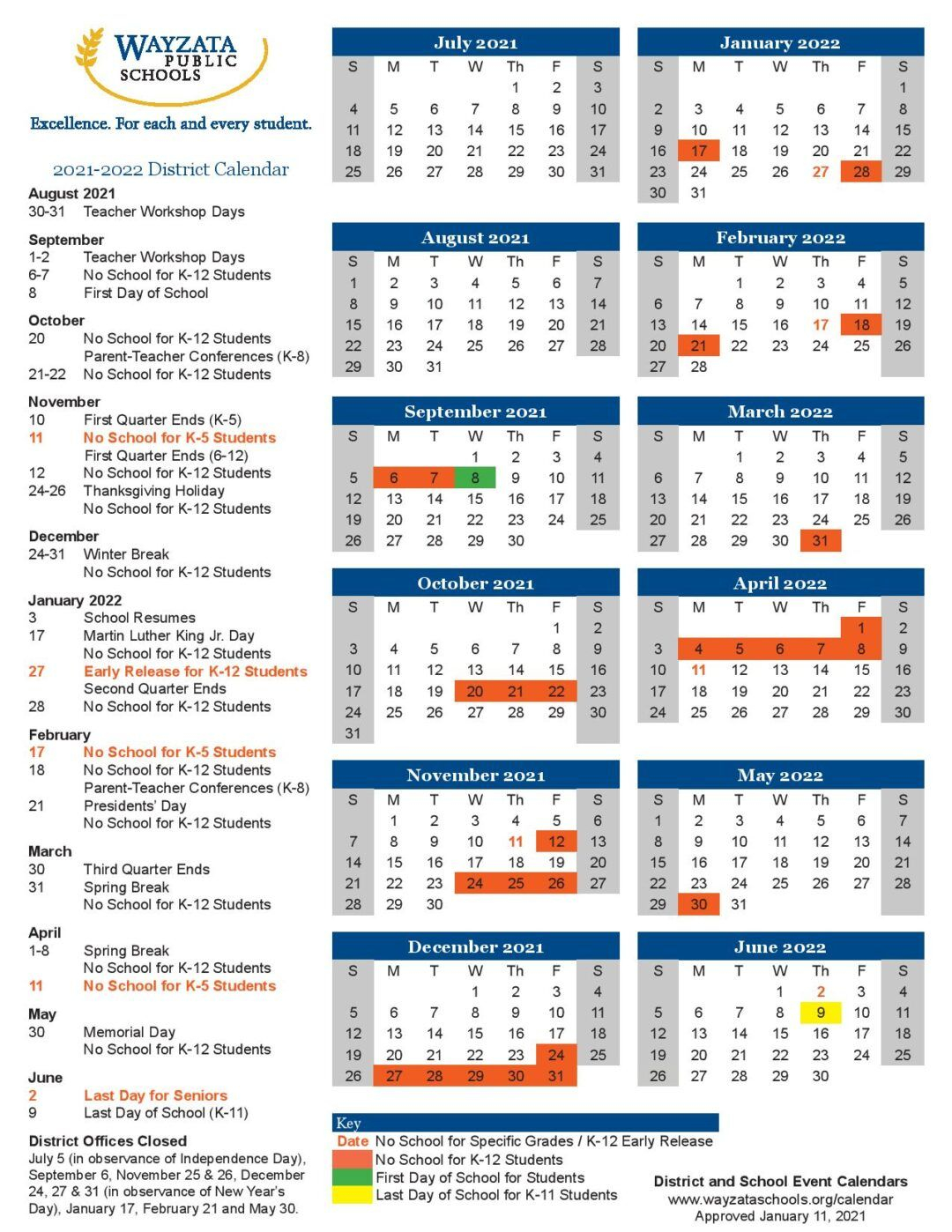 Wayzata Public Schools Calendar 2021-2022 In Pdf