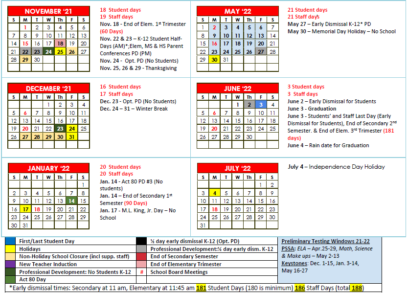 Wilson School District Calendar Holidays 2021-2022