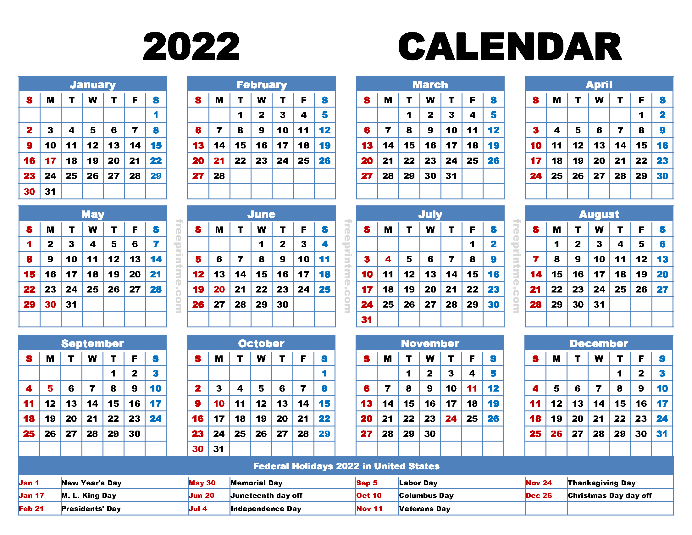 Year 2022 Calendar Printable With Holidays Wiki Calendar