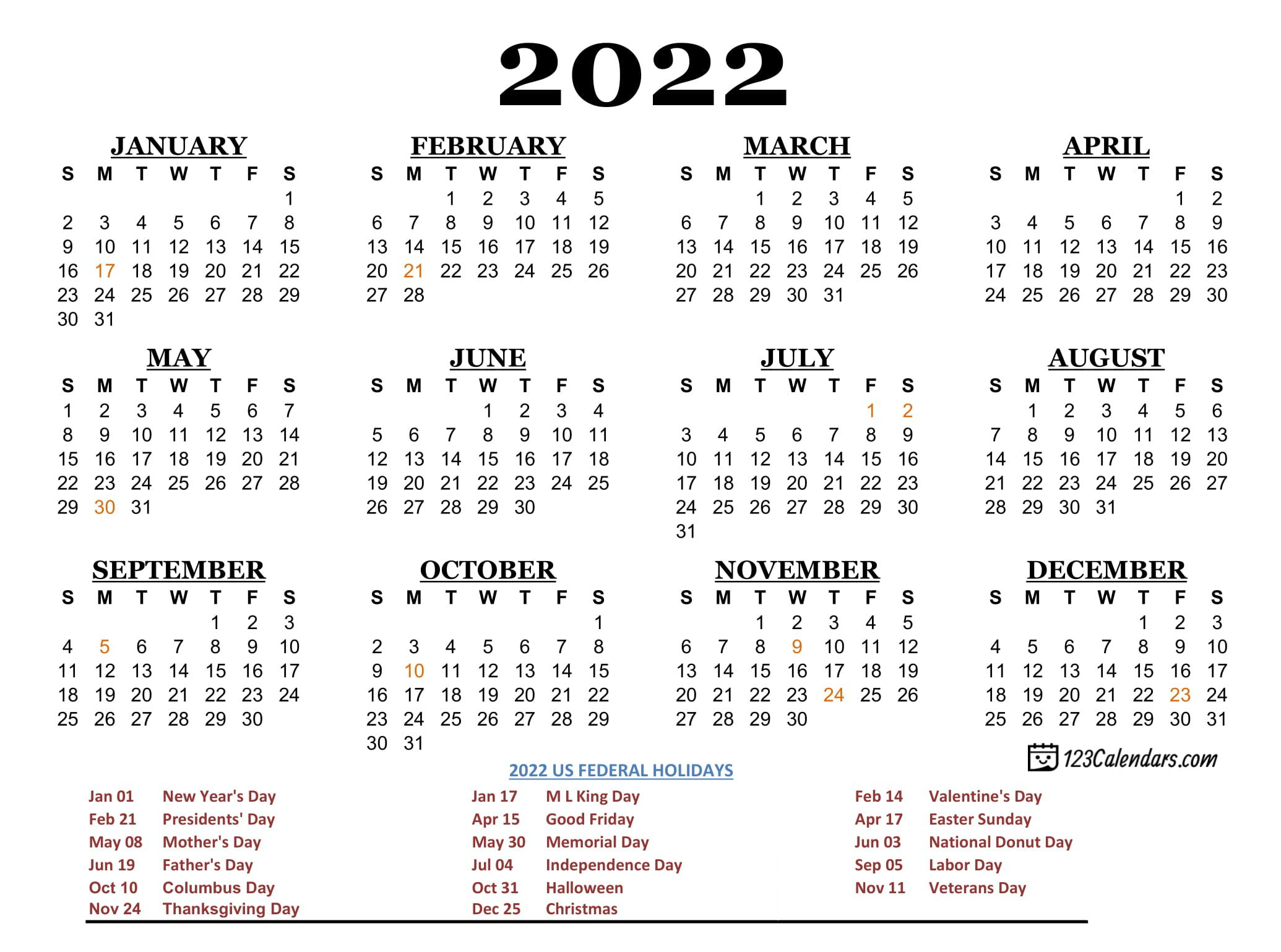 Year 2022 Calendar Templates | 123Calendars