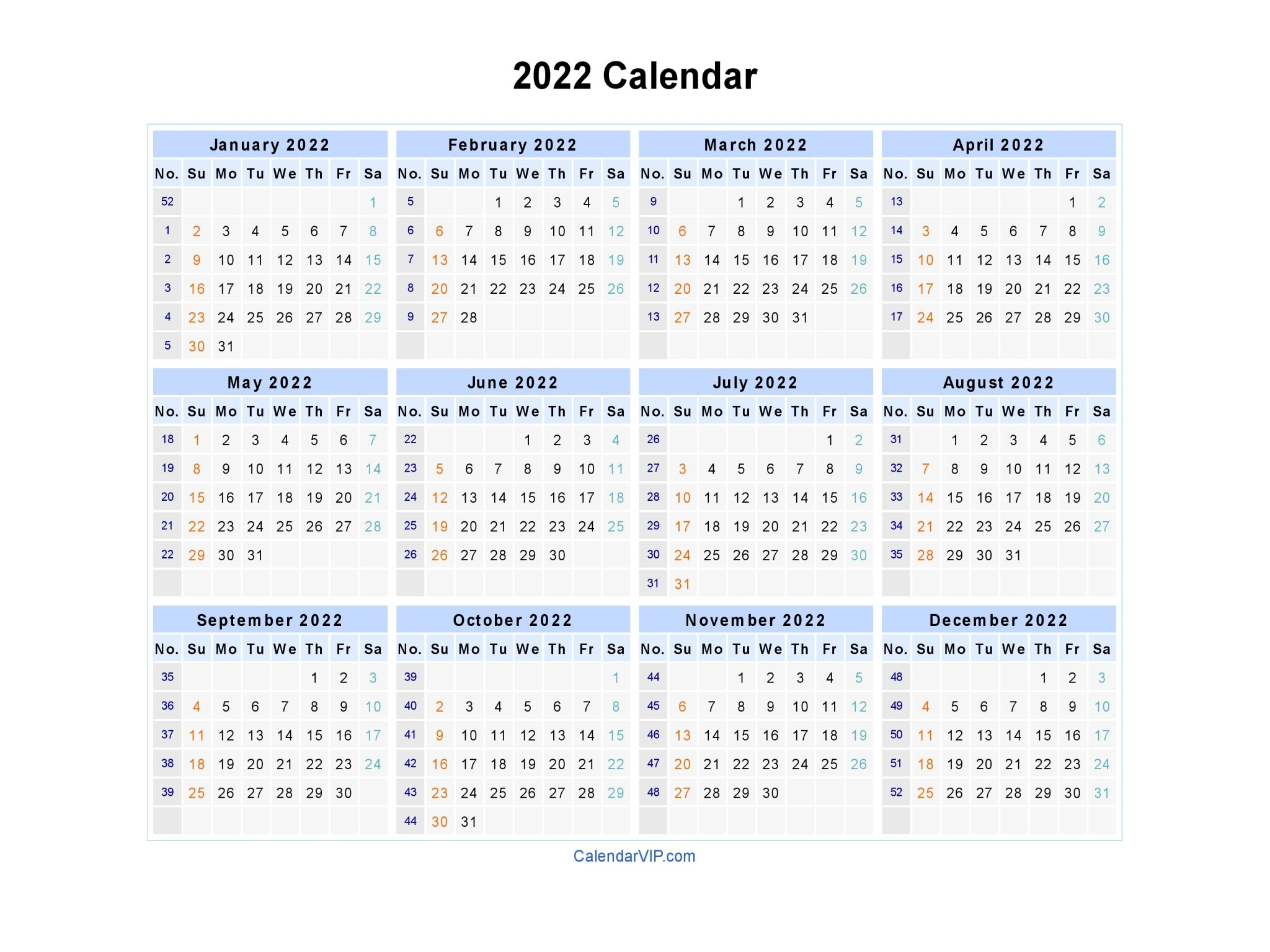 Year Calendar Word Template 2022