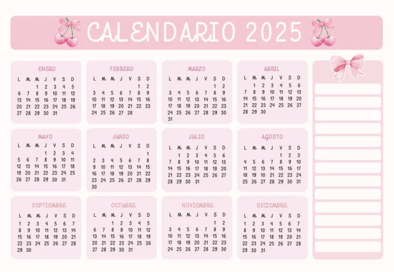 Coquette calendar 2025