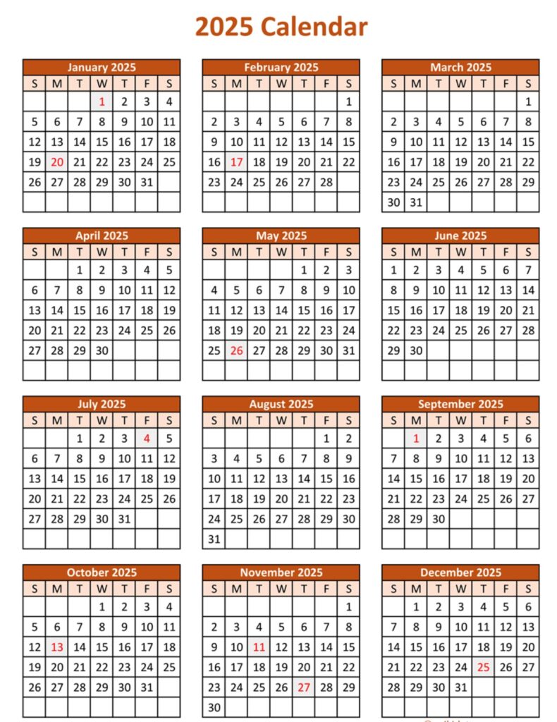 Full Year 2025 Calendar One Page Printable Full Year 2025 Calendar One Page Printable