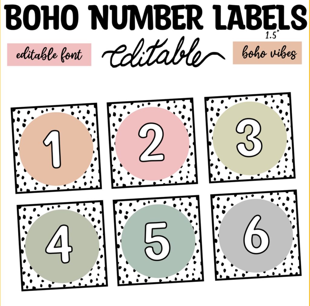 Printable spotty Boho Number Labels, Classroom Calendar Number Printable spotty Boho Number Labels, Classroom Calendar Number