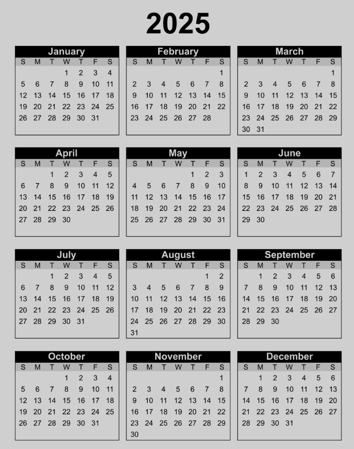 Simple black and white 2025 Printable Calendar One Page Simple black and white 2025 Printable Calendar One Page