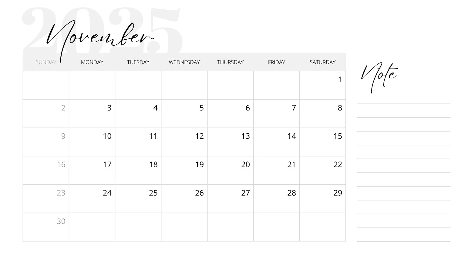Free blank November 2025 calendar template