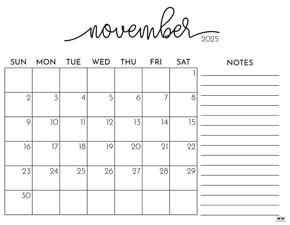 November 2025 calendar PDF with holidays marked