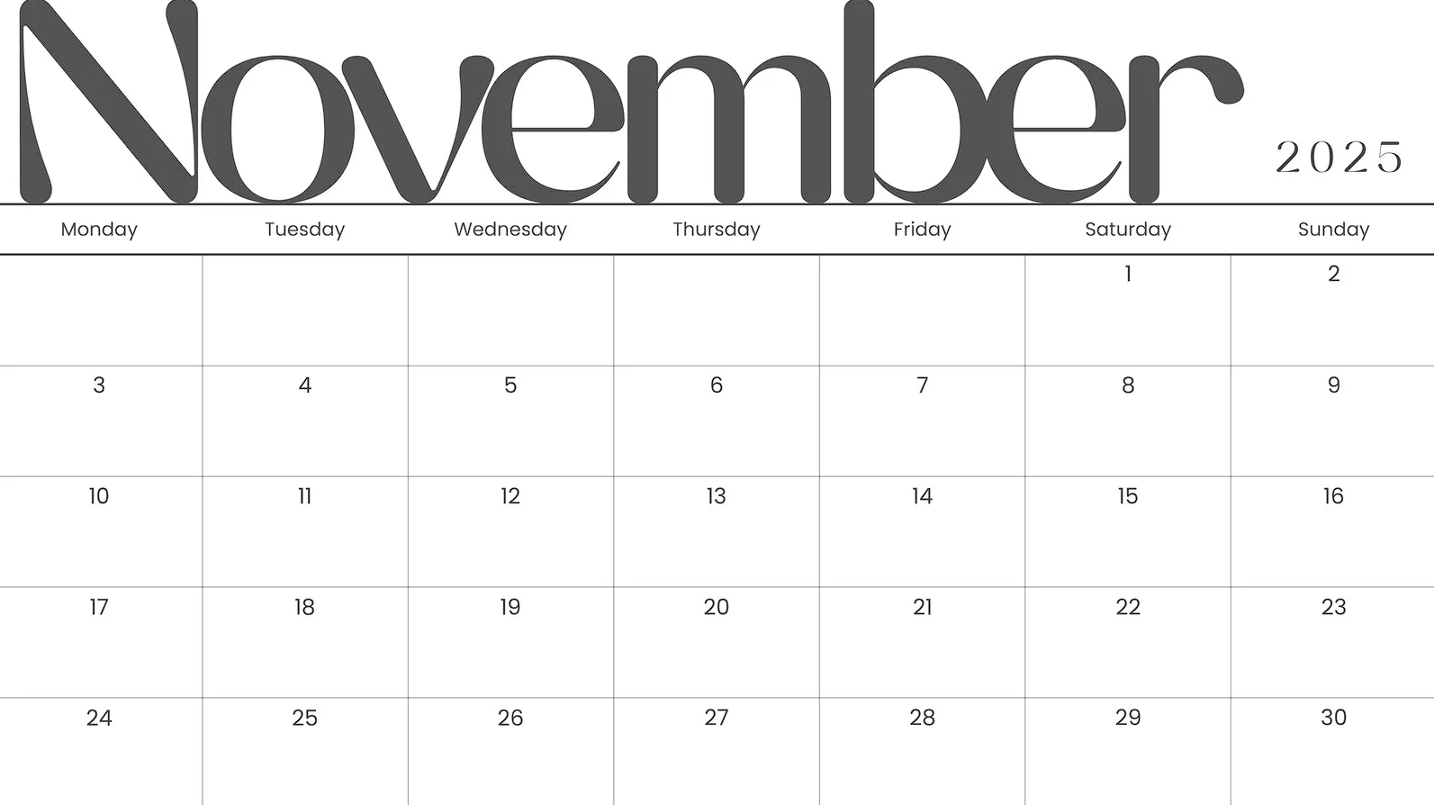November 2025 calendar with US holidays printable PDF