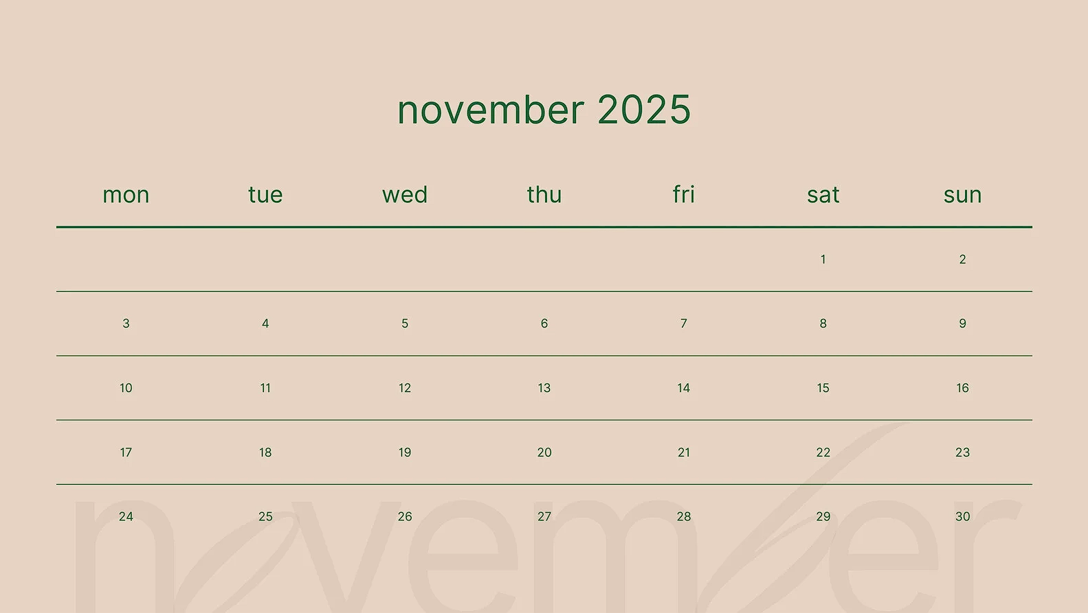 Printable November 2025 calendar for work and school