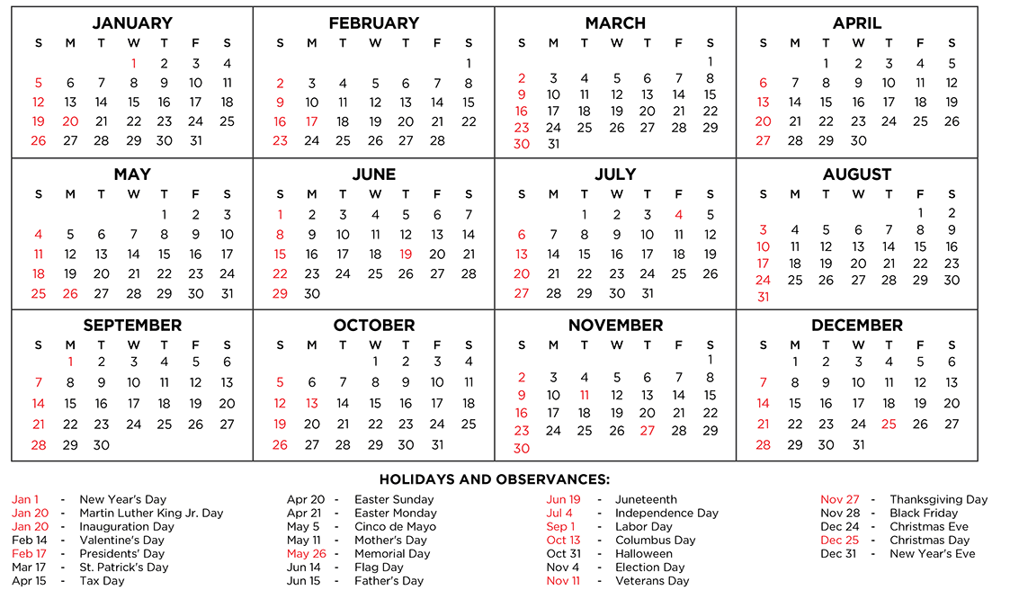 2025 U.S. holidays calendar in landscape format for wall or office use